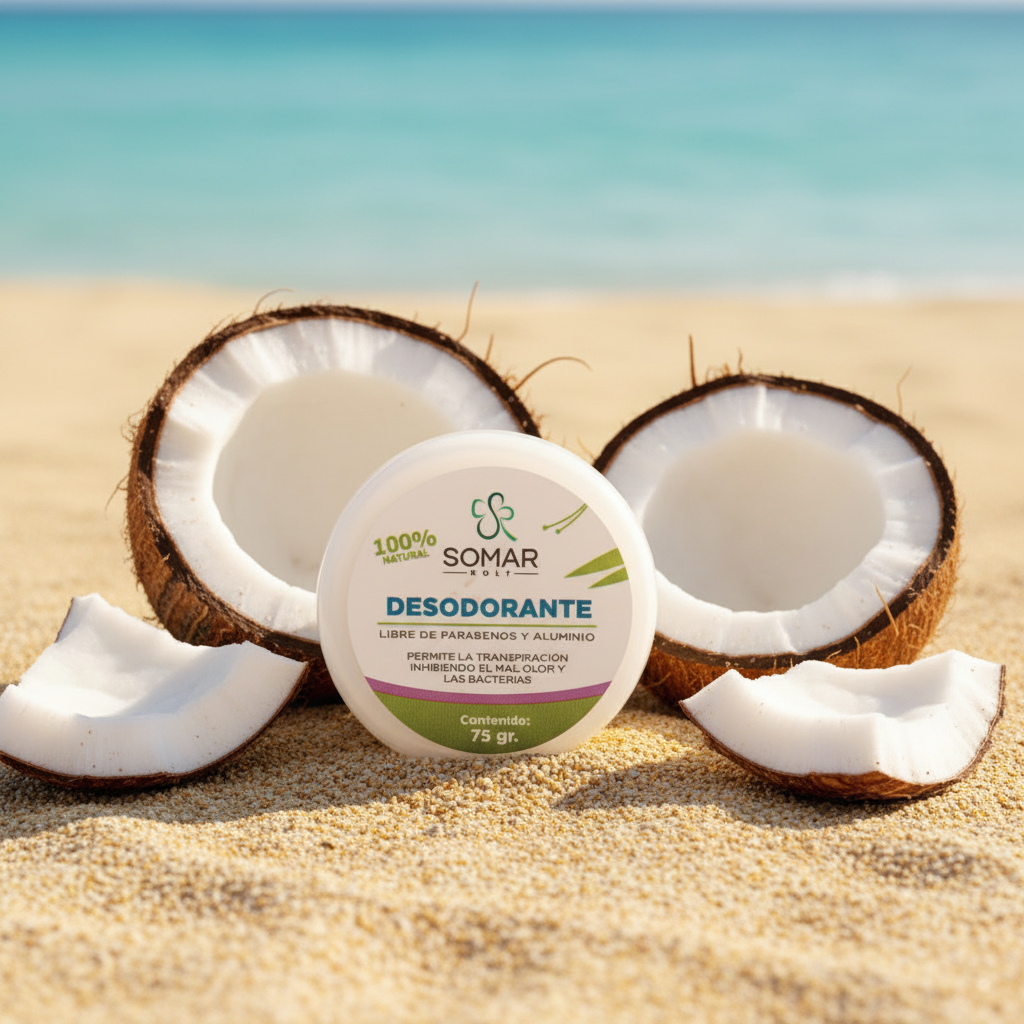 Beach scene with Somar natural deodorant and coconuts