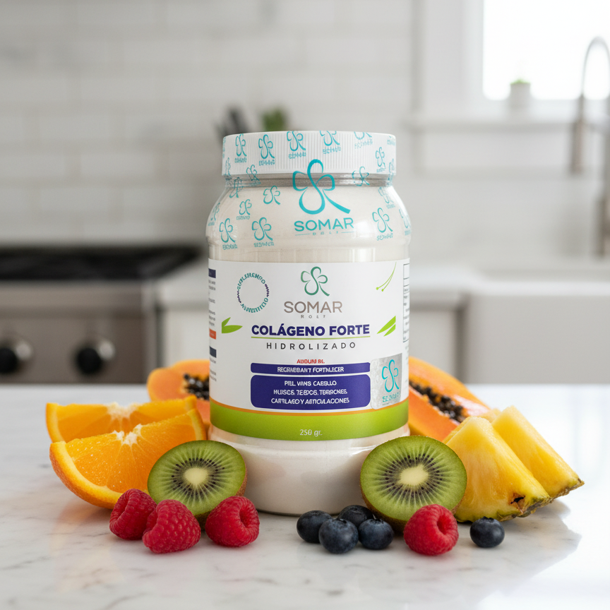Kitchen scene with Somar collagen and fresh fruits